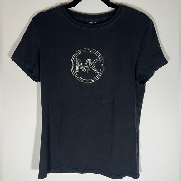Vintage Y2K Michael Kors MK logo sequins sz L black tshirt punk glam stretch - Picture 1 of 9